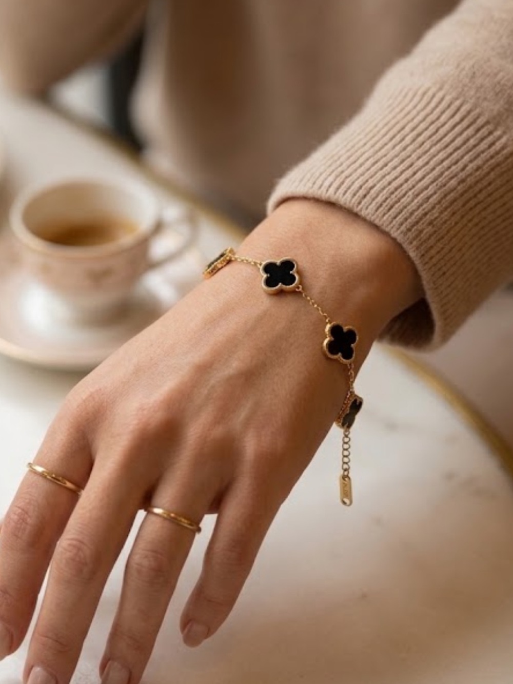 Dainty 18K Gold Plated Black Onyx Clover Bracelet Five-Leaf Luck Boho Jewelry